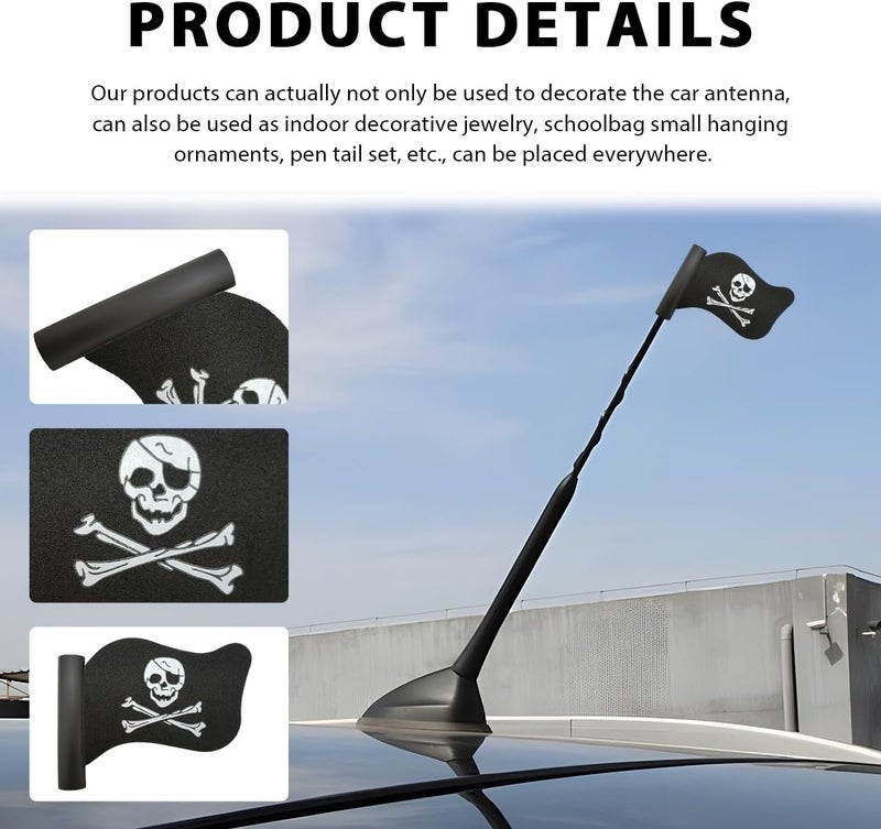 FSTURIOS 2 PCS Pirate Flag Car Antenna Topper, Skull Crossbones Creepy Automotive Antenna Decoration, Cool Pirate Flag Skeleton Auto Aearial Ball for Car Truck SUV Antennas - Image 3